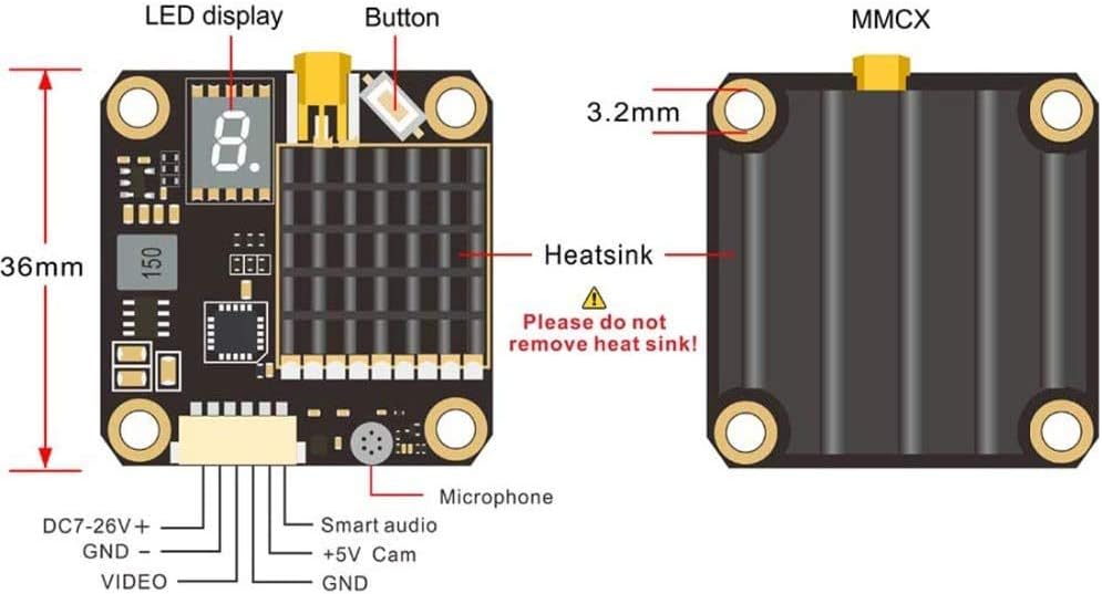 5.8GHz FPV VTX PIT/250/500/1000/2000mW Long Range Switchable Transmitter Support OSD Configuration Using Smart Audio and Microphone with MMCX