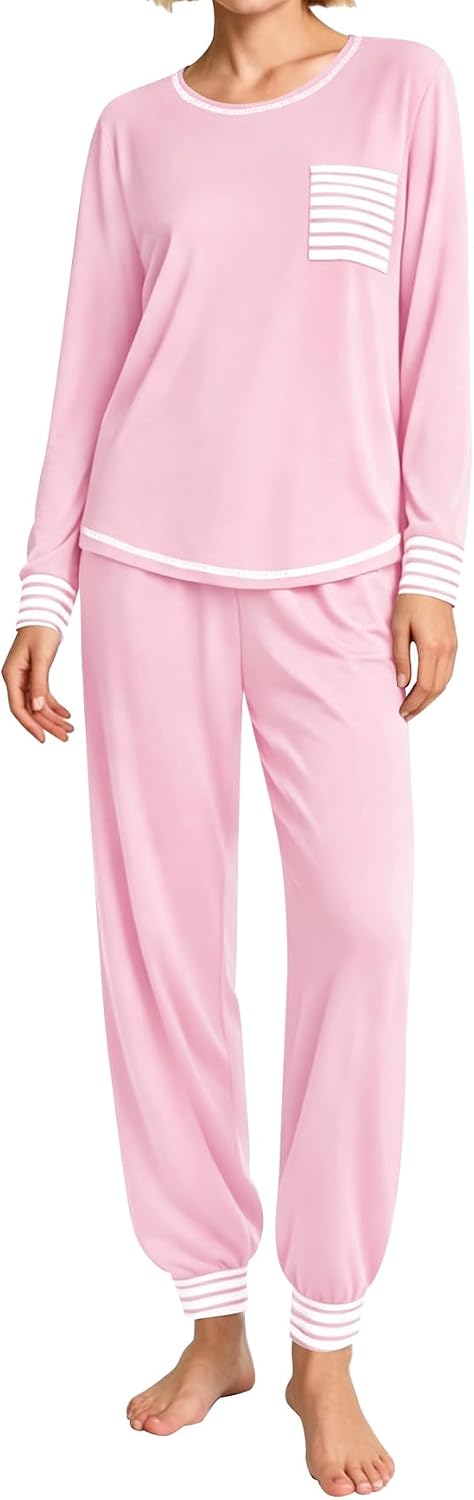 SWOMOG Women’s Pajamas Set Long Sleeve Sleepwear with Long Pants Soft Modal Loungewear Pj Set