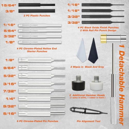BESTNULE 24pc Punch Set and Hammer, Roll Pin Punch Set & Tweezers & Wipes