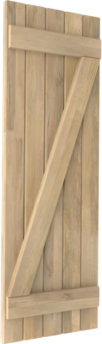 17 1/2"W x 48"H Americraft Five Board (2 Batten) Exterior Real Wood Joined Board-n-Batten Shutters w/Z-Bar (Per Pair), Unfinished