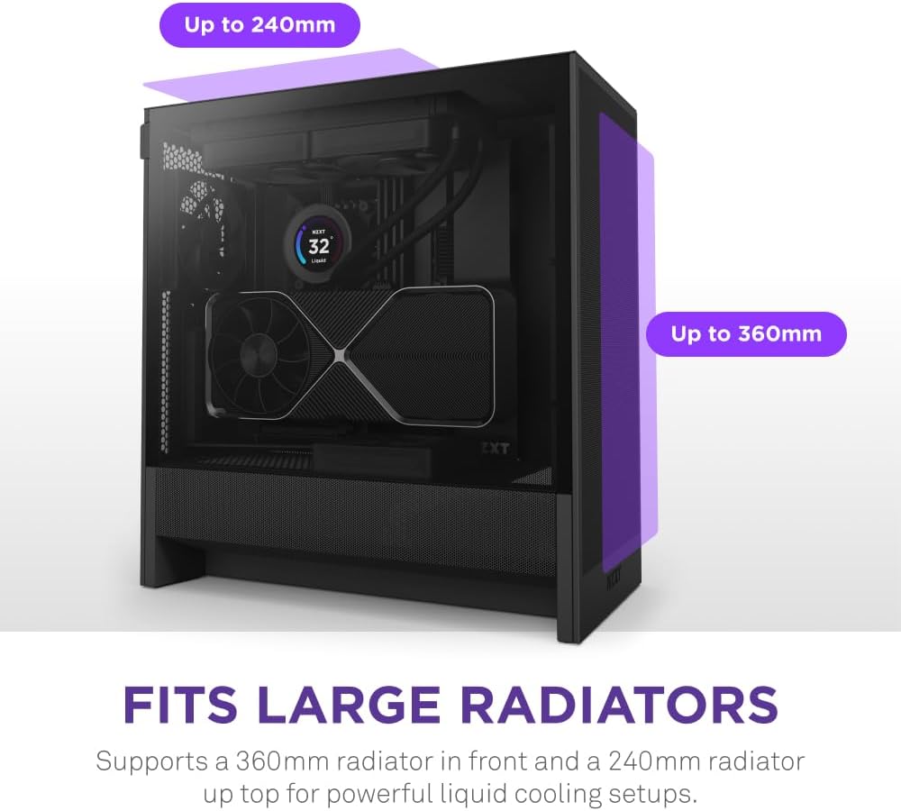 NZXT H5 Flow RGB - Compact ATX Mid-Tower PC Case - White | Compact mid-tower with included F360 RGB Core fans, 360mm radiator support, tempered glass. CAM-ready RGB out of the box.