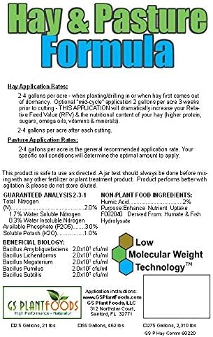 Hay & Pasture Formula by GS Plant Foods- Organic Pasture Fertilizer with Humic Acid & Fulvic Acid (5 Gallon) - Pasture Grass Formula for Higher