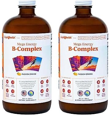 LIQUIDHEALTH Mega Energy Methylated B-Complex, Adult Liquid Vitamin Supplement - Increase Energy, Relieve Stress & Fatigue, Immune Support, Heart & Gut Health - Made in USA, Vegan, Sugar-Free (32 oz)