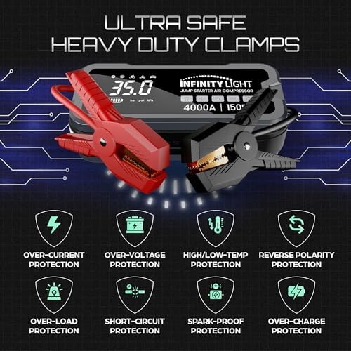 4000A Jump Starter 150 PSI Air Compressor Tire Inflator Cordless Air Pump, 12V Portable Car Battery Booster, LED Display, 12000mAh Power Bank