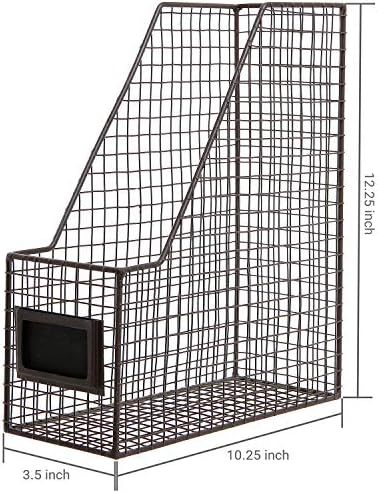 MyGift Metal Wire Magazine Holder in Rustic Brown Finish, Desktop Document and File Folder Storage Bin with Chalkboard Label for Home, Office, School