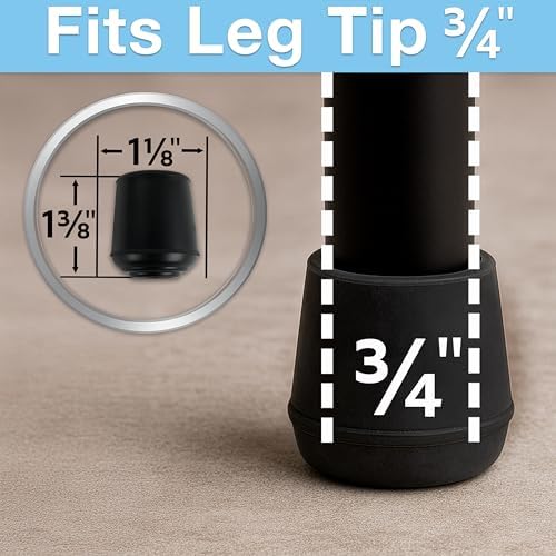 SoftTouch 3/4" Round Non-Marking Rubber Slip-On Chair Leg Tips, Nonslip Protective Furniture Leg Caps for Chairs, Stools, and Tables on Hard Surfaces