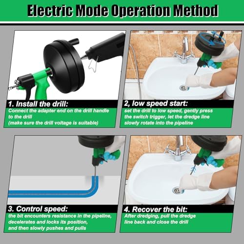50 Ft Drain Snake, Fast Unclog Snake, 1/4 Inch, Green | Manual & Electric Plumbing Snaker for Shower Sink, Toilet and Kitchen