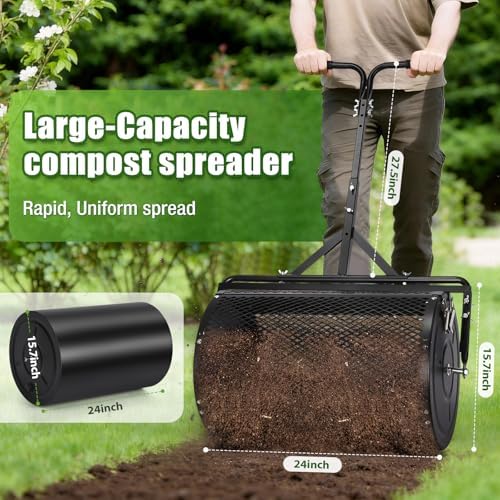 24 Inch Compost Spreader & Lawn Roller, Featuring One Mesh Roller and One 23 Gallon Hollow Roller, Push & Tow Design