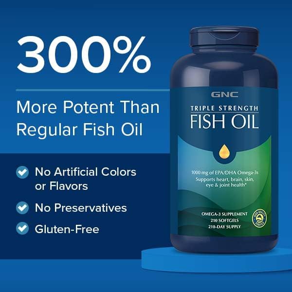 GNC Triple Strength Fish Oil Omega 3 Supplement, 1000mg EPA and DHA, Supports Heart, Brain, Skin, Eye and Joint Health, 60 Softgels