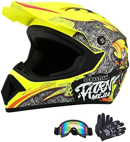 Motocross Helmet ATV Dirt Bike Helmets Off-Road Helmet with Gloves Goggles for Unisex Adult Youth DOT/FMVSS 218 Approved (Medium, Black)