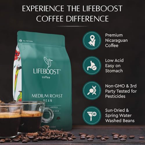 Lifeboost Organic Coffee Beans Medium Roast - Low Acid Single Origin Non-GMO Organic Whole Bean Coffee - Third Party Tested For Mycotoxins &
