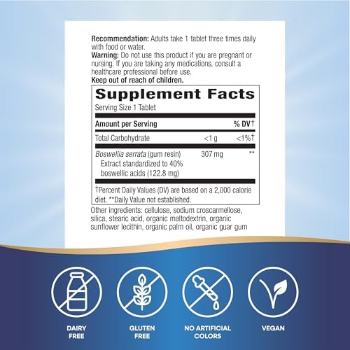 Nature's Way Boswellia Standardized Extract, Supports Joint Mobility*, 307 mg Boswellia serrata Extract per Serving, Frankincense Supplement, Gluten Free & Vegan - 60 Tablets (Packaging May Vary)