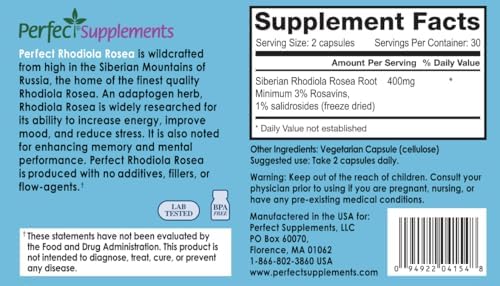 Perfect Supplements Rhodiola Rosea, for Better Focus, Energy, and Stress Relief, Optimal 3% Rosavins to 1% Salidroside Ratio, a Natural Adaptogen ~60 Vegetable Capsules