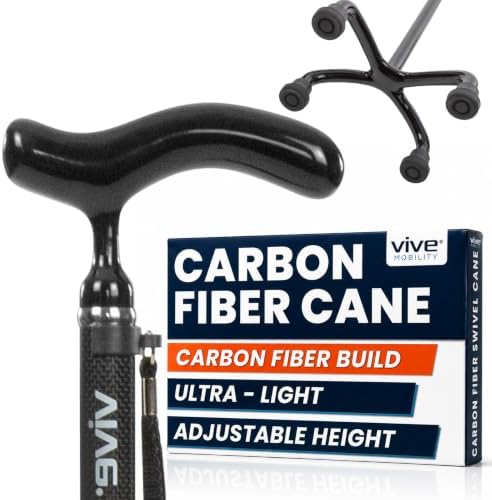 Vive Ultra-Lightweight Quad Cane - Carbon Fiber Walking Stick for Men | Women - Adjustable Ergonomic Grip Handle - Nonslip 4 Prong Rubber Tips for