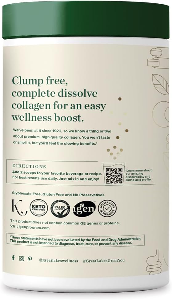 Great Lakes Wellness Collagen Peptides Powder – Supports Skin, Hair, Nails, Joints & Digestion – Hydrolyzed, Non-GMO, Keto & Kosher – Pure Collagen Protein (16 oz, 22 Servings) Packaging may vary