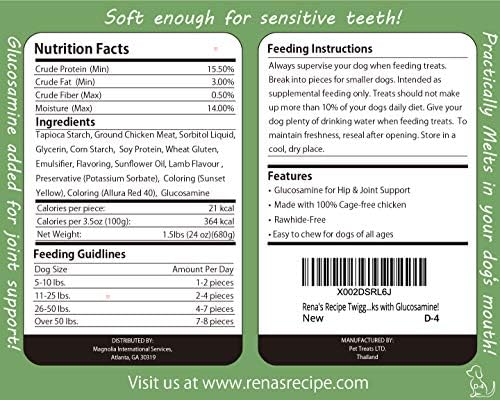 Rena's Recipe Twiggly Chicken Sticks Dog Treats, 24 oz, Approx. 100 Pieces | Rawhide-Free Soft Chicken Jerky Sticks with Glucosamine
