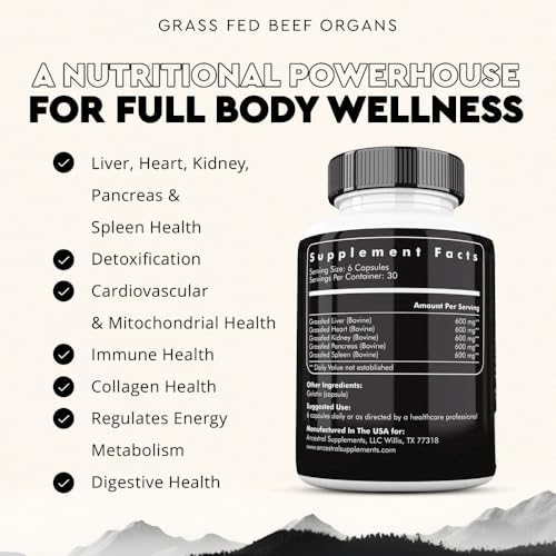 Ancestral Supplements Beef Liver Support Capsules, Iron & Energy, 180 Ct | Freeze-dried, Non-GMO Liver Rich in Heme Iron, Vitamin A & B12; Grass-fed, Desiccated, Vital Liver Support, Natural Liver
