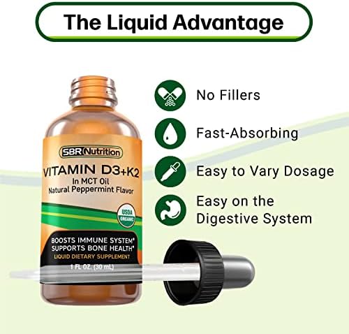SBR Nutrition MAX Absorption, Vitamin D3 + K2 (MK-7) Liquid Drops with MCT Oil, Peppermint Flavor, Helps Support Strong Bones and Healthy Heart