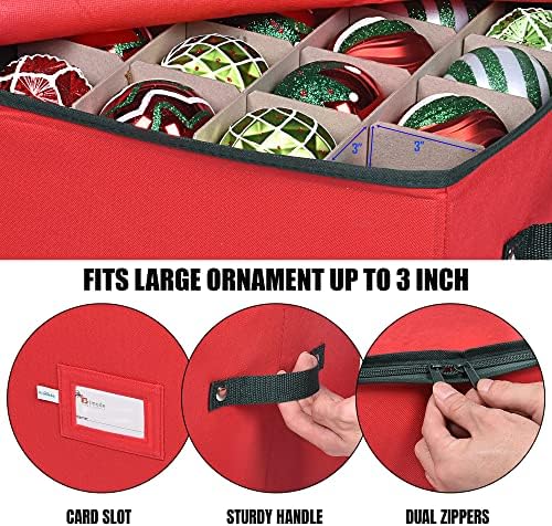 Christmas Ornament Storage Box, 4 Individual Trays Xmas Storage Container, Fits 64 Ornaments Decoration Balls, Constructed of Durable Polyester Material (Red)