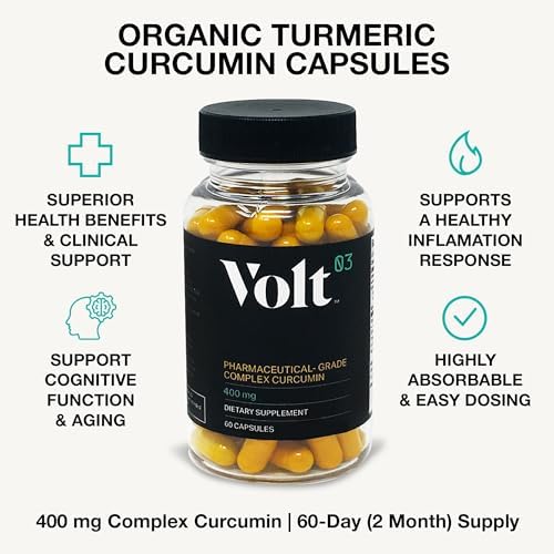 Volt03 Organic Turmeric Curcumin Capsules, 400mg Curcumin Complex, 60 Caps | 400mg curcumin complex supplement supporting joint health