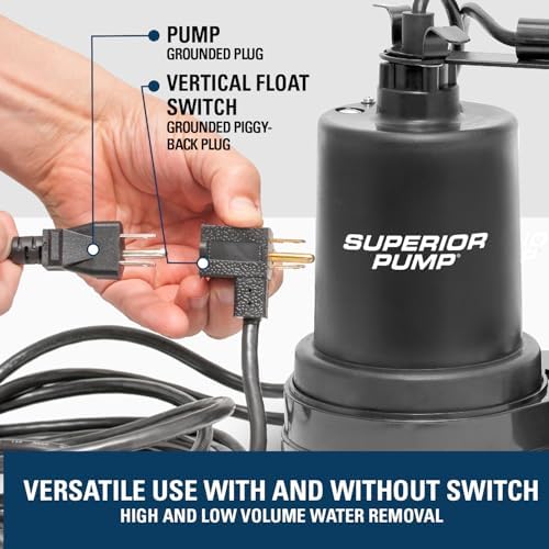 Superior Pump 92260 1/4 HP Thermoplastic Sump Pump with Vertical Float Switch, Black