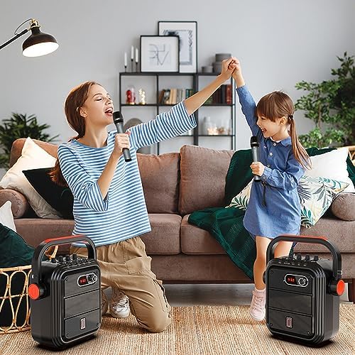 JYX Karaoke Machine with 2 Wireless Microphones, 5200mAh Portable Speaker Set Bluetooth 5.0 Rechargeable PA System with TWS, FM, REC