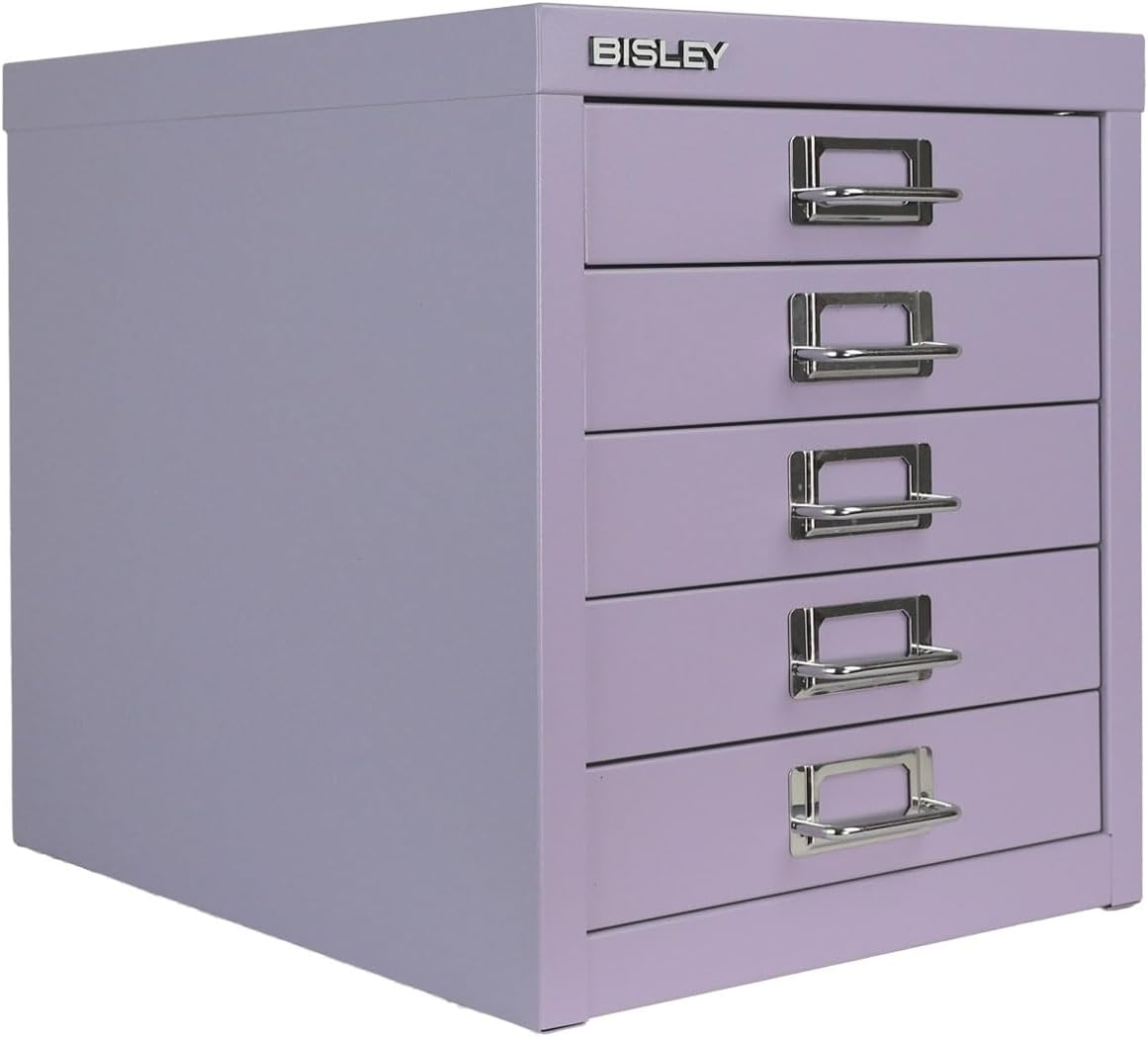5-Drawer Steel MultiDrawer Cabinet - Orange, by Bisley | Chrome Pull Handles with Label Holders, Powder-Coated Steel, Removable Drawers, Desktop Storage, Labels Included