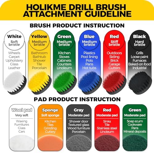 Holikme 11 Piece Drill Brush Attachment Set Scouring Pads Power Scrubber Brush Scrub Pads for Bathroom Surfaces, Floor, Tub, Shower, Grout, Tile