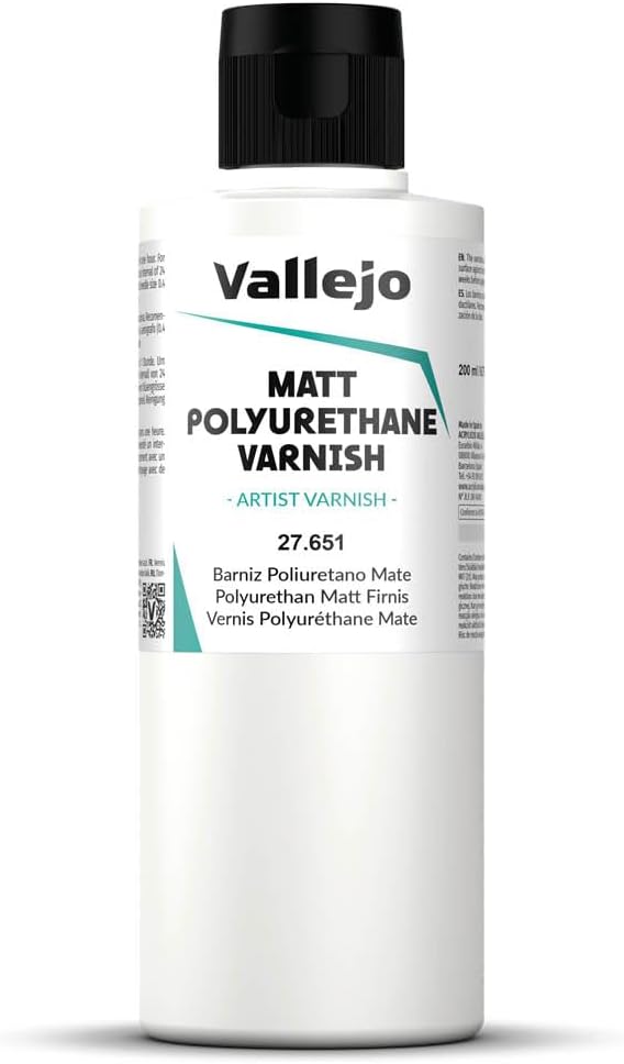 Vallejo - Polyurethane Varnish | Satin Finish 200 ml. (6.76 fl.oz.) | Extraordinary Hardness & Permanence | Create a Perfect Clear Coat | Scratch Resistant for Outdoor and Indoor Surfaces
