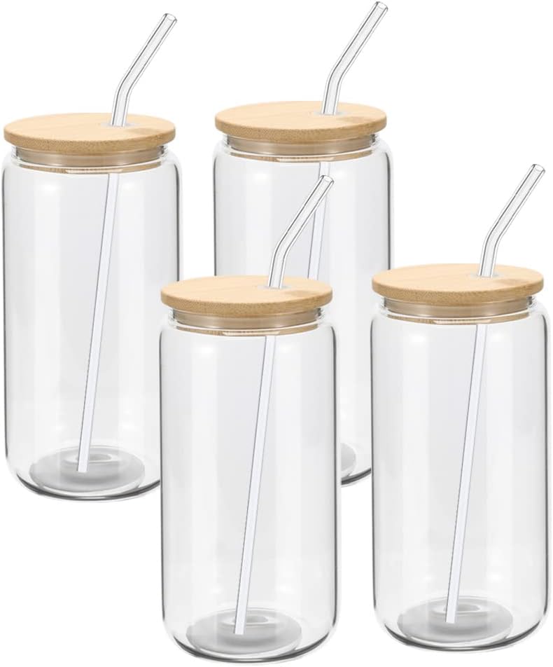 YOUKE OLA 20 Pack Glass Cups with Bamboo Lids and Glass Straw 16oz Beer Can Shaped Drinking Glasses Cups, Glass Tumbler Reusable Cute Cups for Whiskey