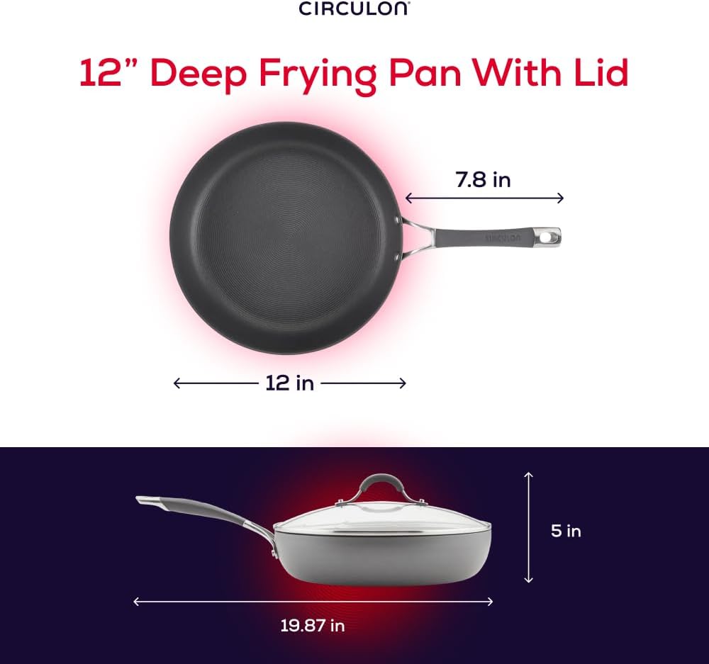 Circulon Radiance Hard Anodized Nonstick Deep Frying Pan with Lid, 12 inch Frying Pan with Lid, Deep Skillet, Gray