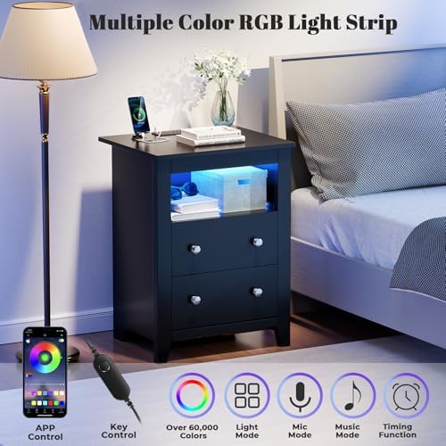 Black Nightstand with Gun Drawer, Night Stand with Charging Station & LED Lights, Bedside Table with Tray & 2 Drawers, End Side Table with Hidden Compartment for Valuables Storage