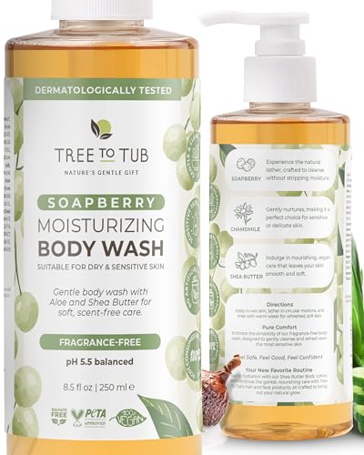 Tree To Tub Soapberry Body Wash for Dry, Sensitive Skin, pH 5.5, 8.5 Fl Oz | Sulfate & Paraben-Free, Rich Lather, Fragrance-Free, Shea Butter & Aloe Vera, Vegan & Cruelty-Free, Gentle for Daily Use