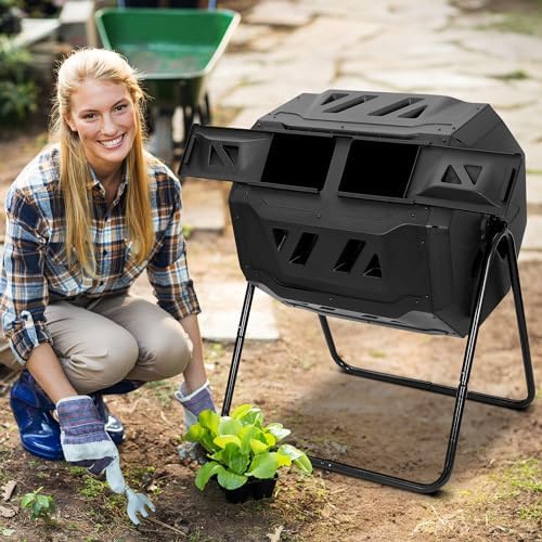 SUPER DEAL Outdoor Compost Tumbler, 43 Gallon Dual Chamber BPA Free Large Compost Bin 360° Rotating Tumbling Composter for Garden Yard, Black