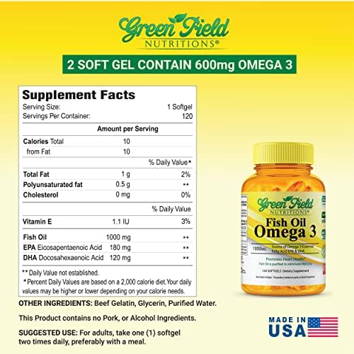 Greenfield Nutritions Halal Fish Oil 1000mg, 300mg Halal Omega 3, Small Wild Peruvian Fish Oil Halal Vitamins, EPA 180 mg & DHA 120mg, Non-GMO