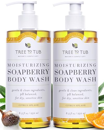 Tree To Tub Soapberry Body Wash for Dry, Sensitive Skin, pH 5.5, 8.5 Fl Oz | Sulfate & Paraben-Free, Rich Lather, Fragrance-Free, Shea Butter & Aloe Vera, Vegan & Cruelty-Free, Gentle for Daily Use