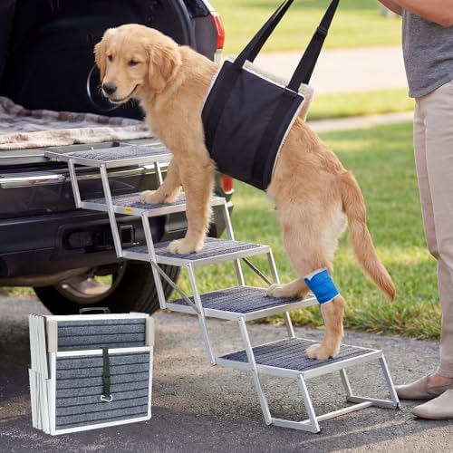 Veehoo Folding Dog Steps Large for Car Truck SUV, Dogs Car Stairs 20" Wide | 4 Steps Foldable Pet Step Aluminum Dog Stairs for Injured Senior Dogs Heavy Duty Pet Ramp Ladder Non Slip, up to 170lbs