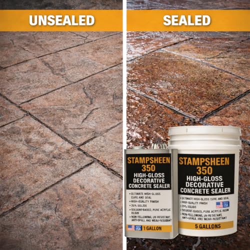 High Gloss Wet Look Decorative Concrete Sealer – Solvent-Based Acrylic Cure & Seal, UV-Resistant, Non-Yellowing Protective Film – Concrete & Paver Sealer for Outdoor Surfaces - Stampsheen 350 5gl