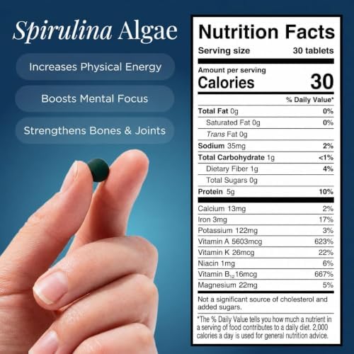 ENERGYBITS Organic Spirulina Tablets (1000 Algae Tablets) Natural Superfood for Energy, Fitness & Focus - 5g Protein, 1 Calorie, Sugar Free - Omega 3 - Spirulina Capsules - Gluten Free, Keto & Vegan