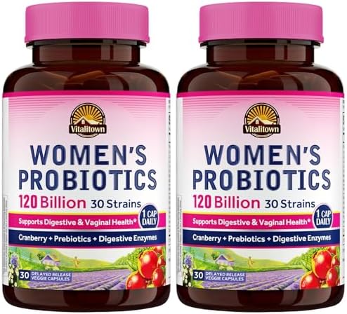Vitalitown Probiotics for Women 120 Billion CFUs, 30 Strains, with Prebiotics & Digestive Enzymes & Cranberry, Gut & Vaginal Health