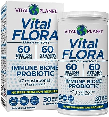 Vital Planet - Vital Flora Immune Support Probiotic, 60 Billion CFU, 60 Diverse Strains, 7 Organic Mushroom Supplement Blend with Prebiotics