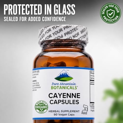 Pure Mountain Botanicals Cayenne Pepper Capsules - 500mg Organic, 90 Ct | Vegan, Kosher Certified, Gluten-Free, Capsaicin 40000-60000 HU