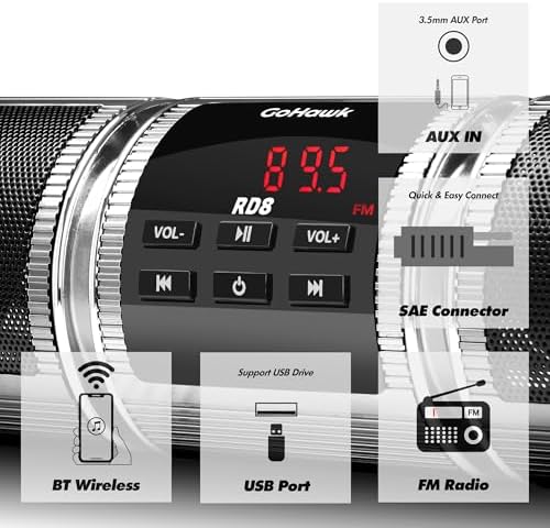 GoHawk Motorcycle Bluetooth Speakers, Waterproof Radio Audio System | Built-in Amplifier, FM Radio, AUX Input, USB, Great for ATV, Scooter Bike