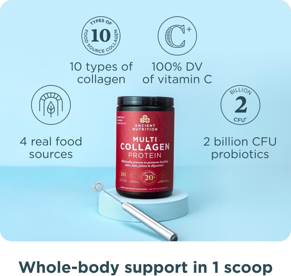 Ancient Nutrition Multi Collagen Protein Powder, 5 Types of Food Sourced Collagen, Providing Types I, II, III, V, and X, 16.2 Ounce