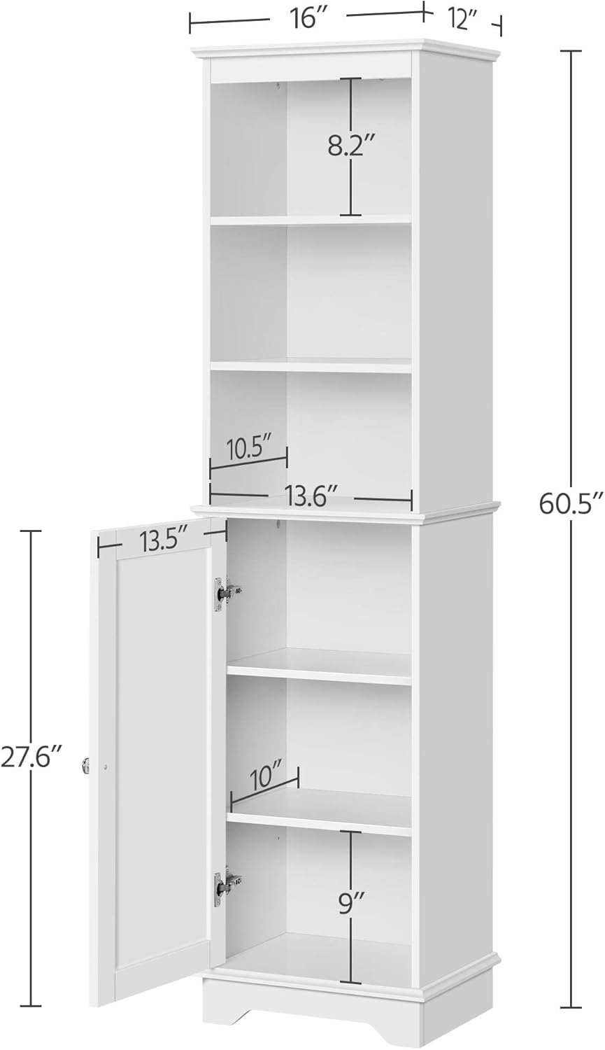Yaheetech Tall Narrow Bathroom Storage Cabinet with Door and Shelves, White | Linen Closet for Towels, Toiletries and Laundry, Open Display Shelves