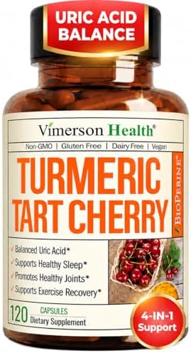 Tart Cherry Capsules – 4-in-1 Turmeric Tart Cherry Supplement for Uric Acid Balance & Joint Health – 10:1 Tart Cherry Extract Capsules with Celery Seed, Turmeric Curcumin & Black Pepper – 60 Count