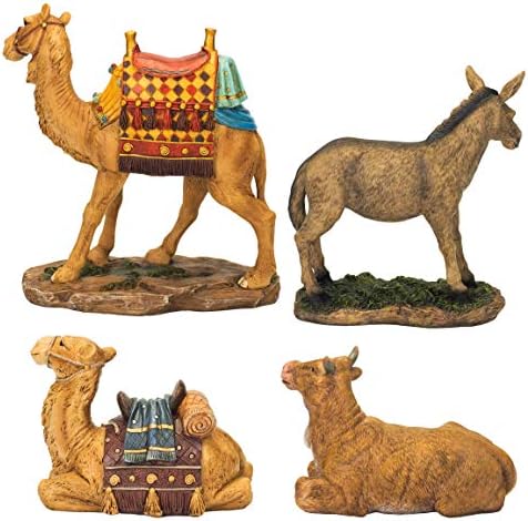 Three Kings Gifts Nativity Animals Set, 4-Piece Polystone Standing and Sitting Camels, Donkey, and Ox Figures, Flat Bottom Base Collectibles for 14-Inch Scale Nativity Scene