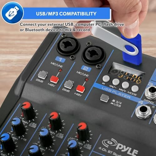Pyle 4 Channel Audio Mixer with Bluetooth - DJ Sound Board Controller - USB Computer Input - Built-in MP3 Player - 48V Phantom Power - 3 Band EQ