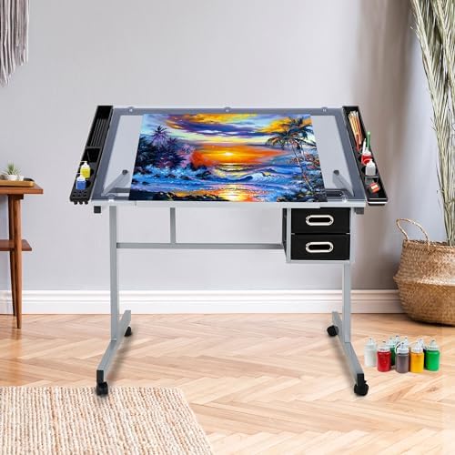 JupiterForce Adjustable Drafting Table Art Desk Drawing Table Versatile Art Craft Work Station Glass Tabletop w/2 Slide Drawers and Wheels for Reading
