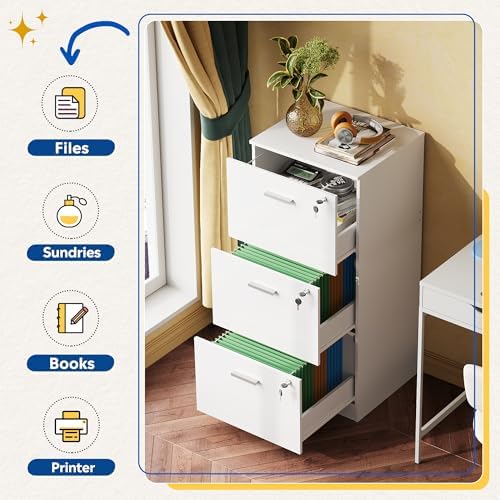 DEVAISE 3 Drawer Wood File Cabinet with Lock, Fits Letter and A4 Size | Wooden Tall Vertical Filing Cabinet, Home Office Printer Stand, Easy Assembly, White